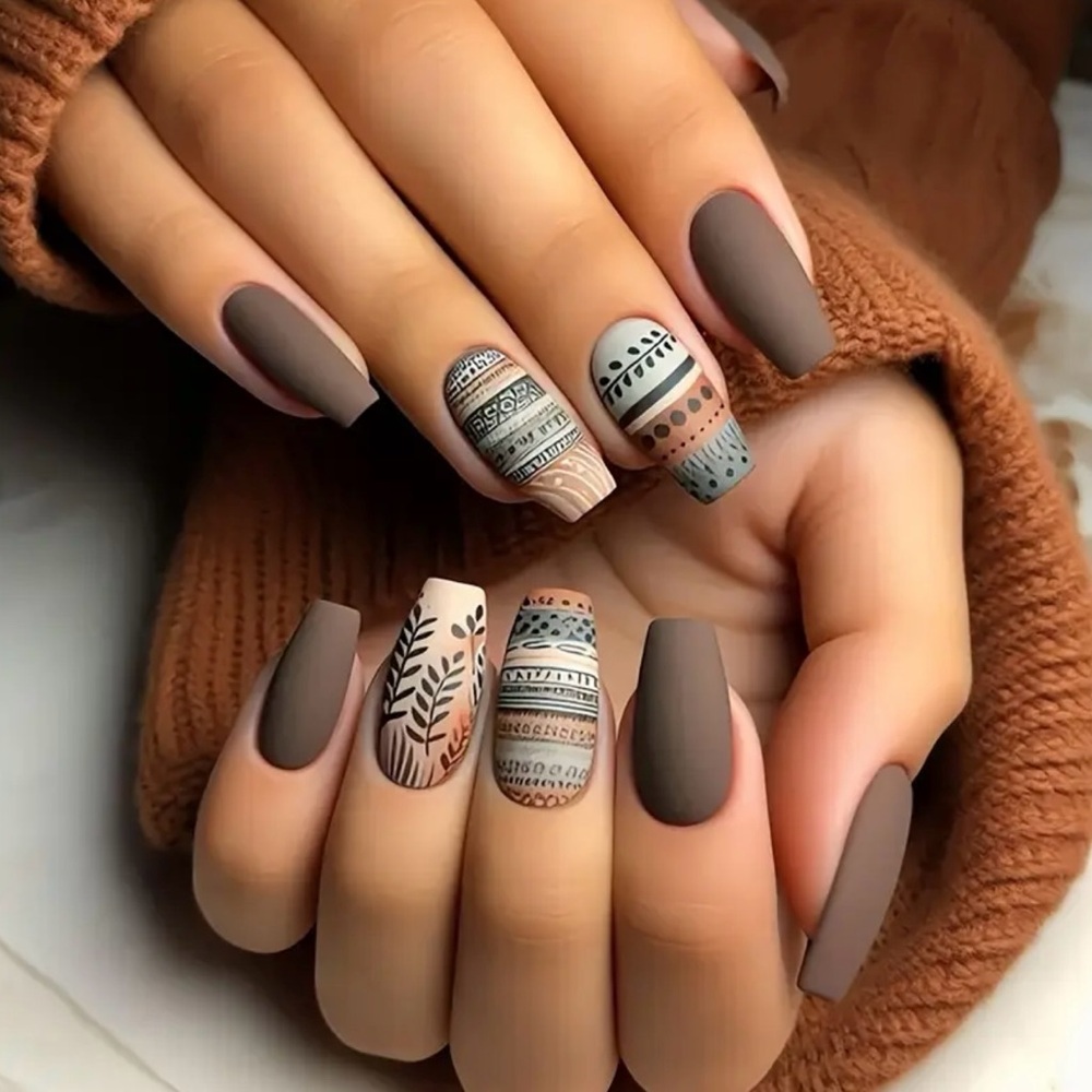 🪴24 Pcs Boho Press on Nail Set Medium-Long Length Coffin Shaped Fake Nails